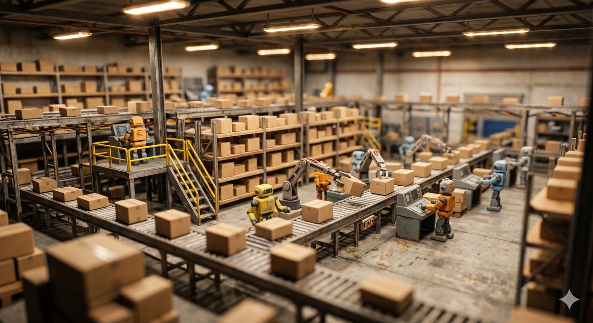 Diorama miniature scene - robotics warehouse with toy figurines