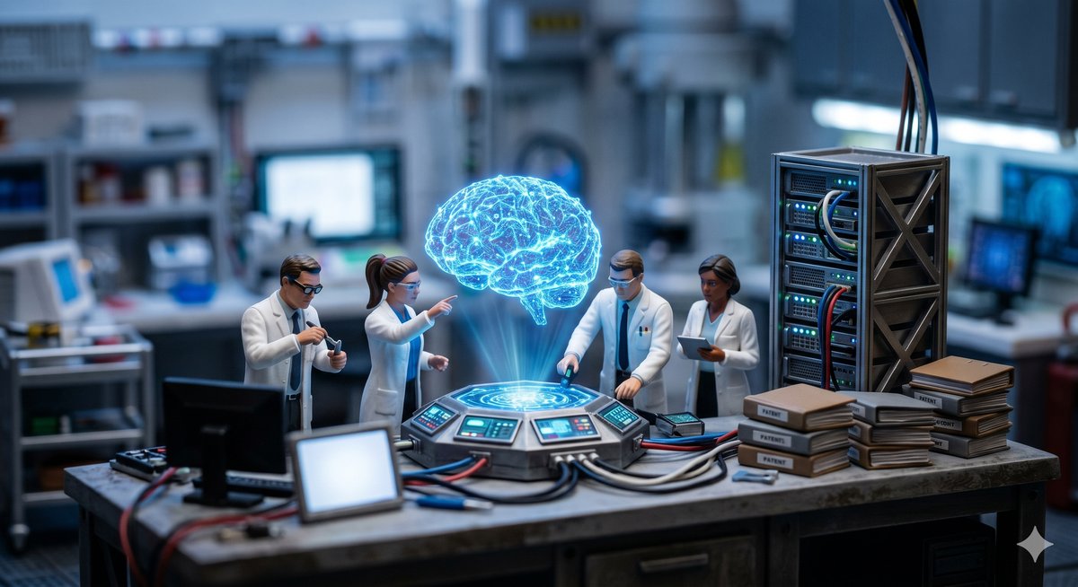 Diorama miniature scene - AI lab with holographic brain