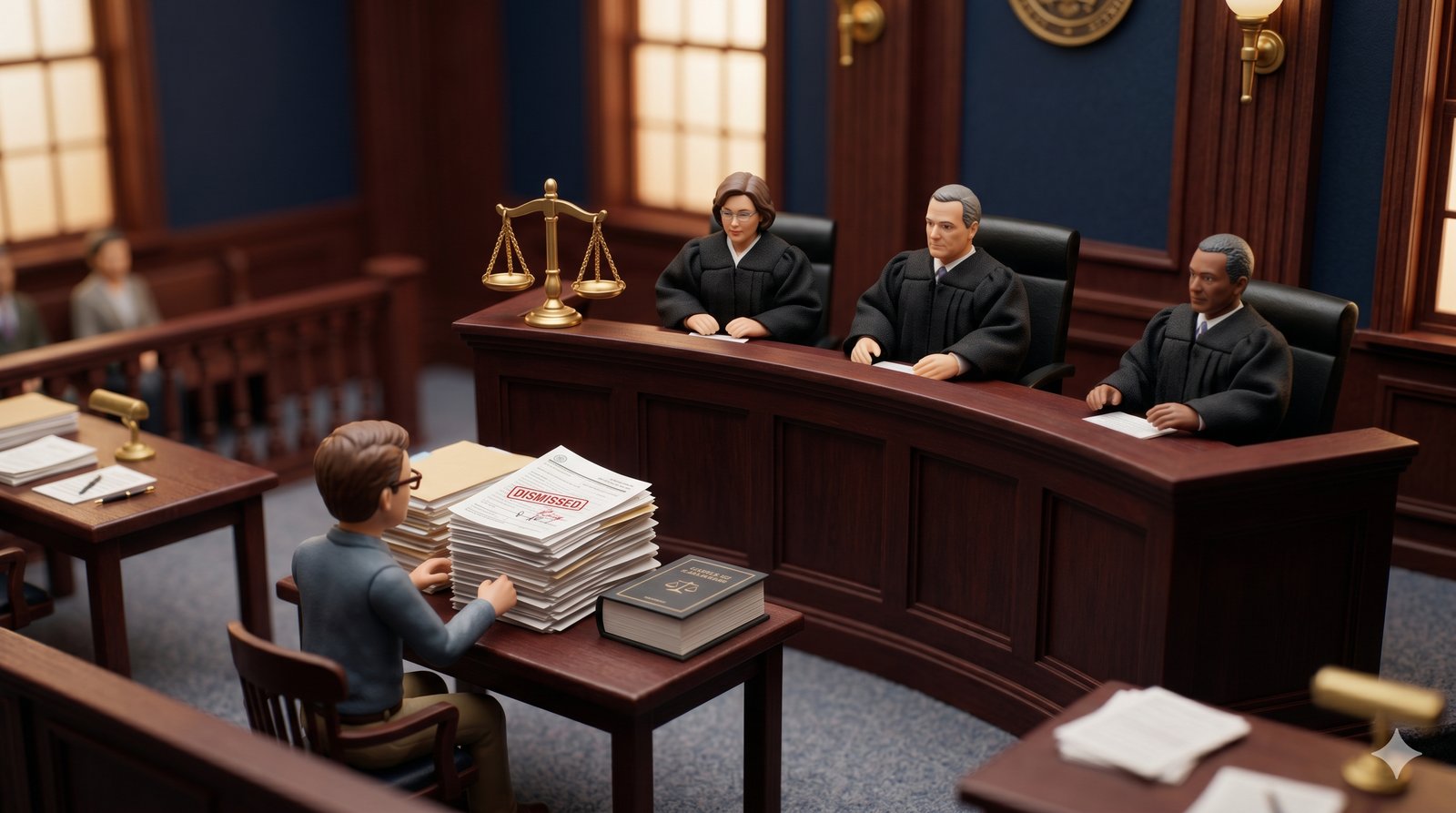 Federal Circuit courtroom diorama: pro se petitioner, three appellate judges, scales of justice, micro-entity application papers