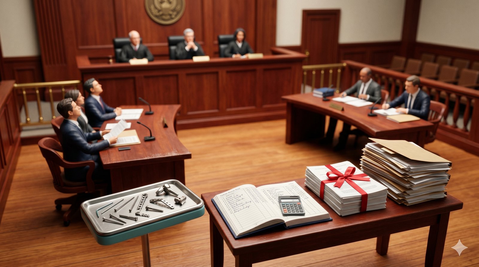 PTAB hearing fused with CRISPR genomics lab diorama: three administrative patent judges, scientists with DNA model, lab bench