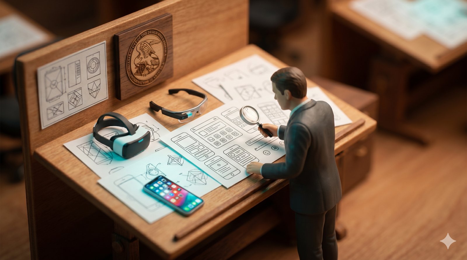 USPTO design patent examiner diorama: VR headset, AR smart glasses, smartphone GUI, drafting table